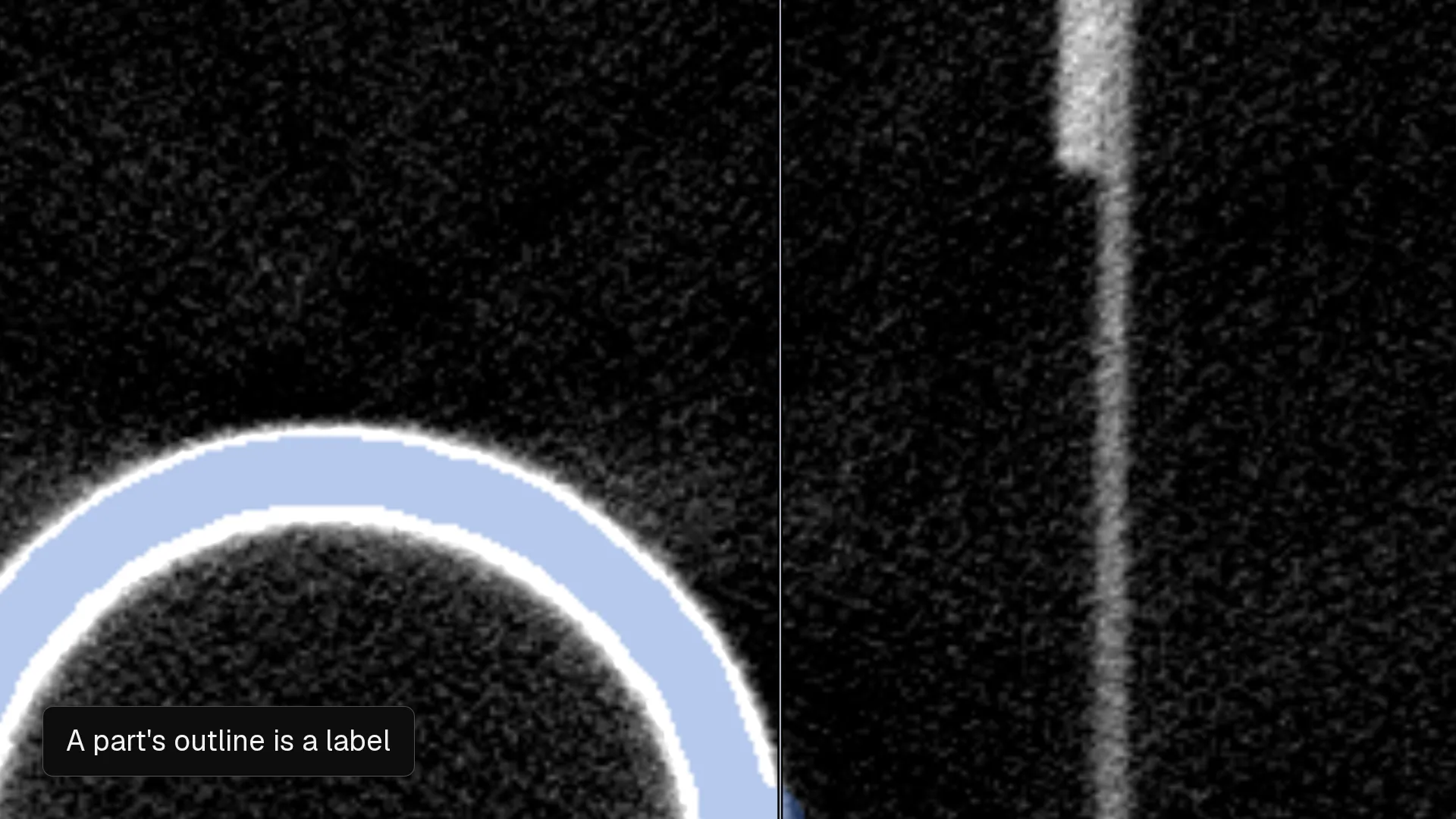 The Nitsor editor on an industrial CT crop of an aircraft part: stepping through the slices, a blue label covers the wall of a ring-shaped part; the header reads VGStudio volume (.vgi/.vol) with a voxel size of 0.33 x 0.33 x 0.60 mm; and the linked planes cross at one point with their position lines.