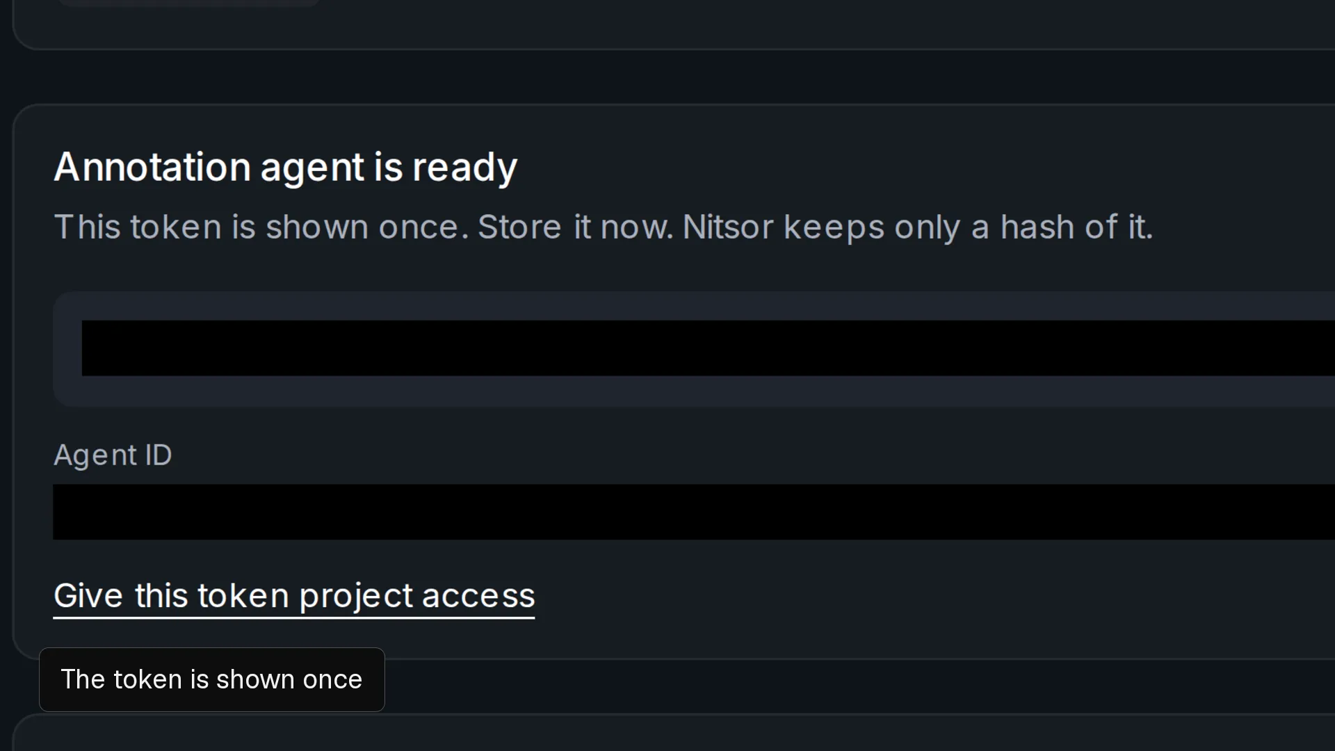 The Integrations page of a Nitsor team: a token named Annotation agent is created with two permissions, the token is shown once behind a black bar, and the list shows it active with its permissions and its expiry a year out.
