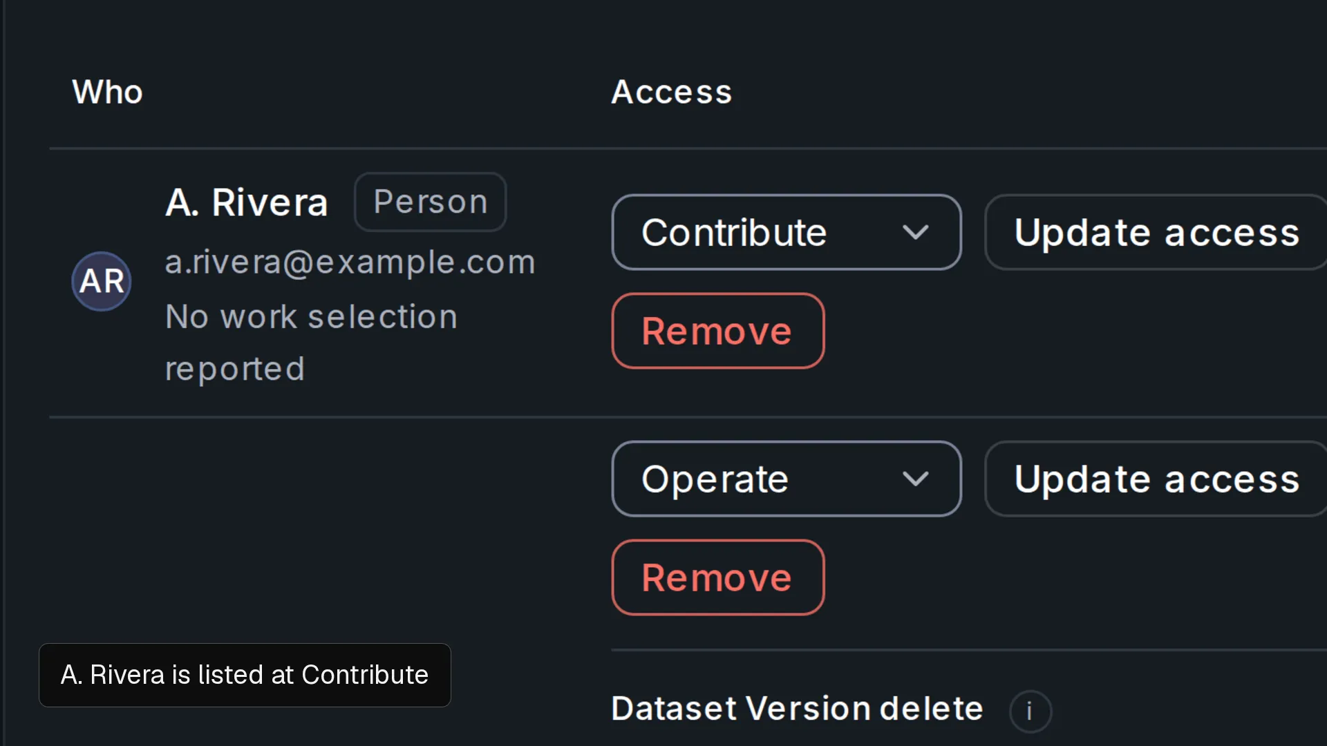 The Access tab of a Nitsor project: A. Rivera is chosen from the people list and given Contribute from the four access levels, appears in the access table with that level, the four levels are explained (Read opens the project, Contribute works the queue, Operate edits taxonomy and instructions, Admin manages access), and M. Chen is granted the role reviewer in the stage roles table.