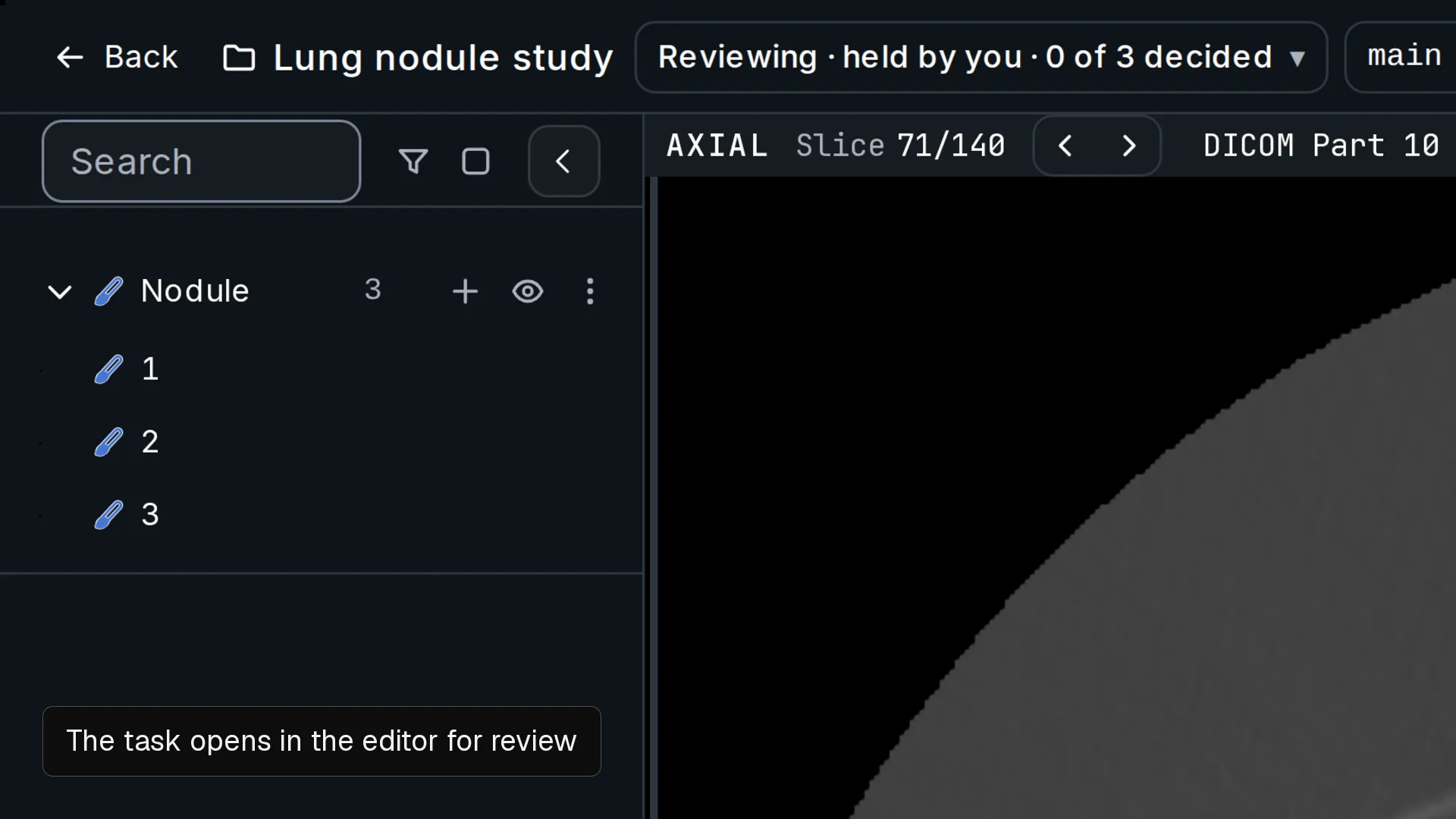 The Nitsor queue shows a review task the user holds and the tasks up next; opening it shows the editor with three Nodule labels and a card that reads Review: 3 of 3 labels to judge.