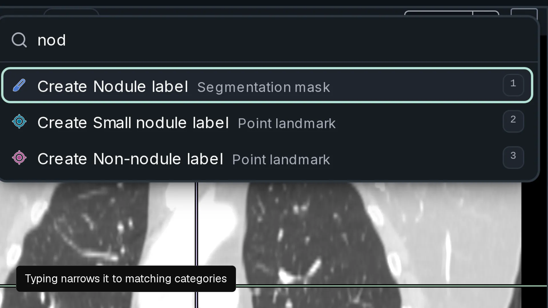 The Nitsor editor's command bar open beside a chest CT, narrowed by the letters nod to three categories; after Enter, the Nodule category is selected, its Brush, Contour and Threshold tools appear in the header, and its hint shows on the scan's bottom edge.