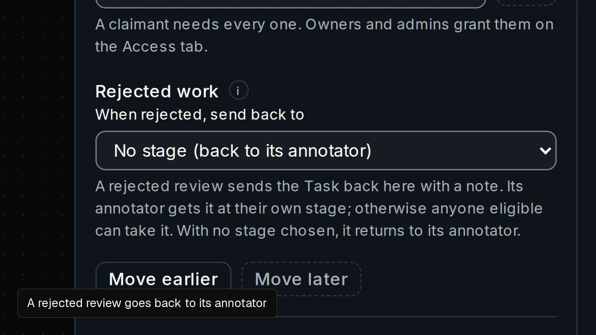 The Pipeline tab of a Nitsor project: a Source ready start, then an Annotate stage and a Review stage on one canvas; a stage's settings with its required role and qualifications; and the Rejected work setting, which sends a rejected review back to its annotator.
