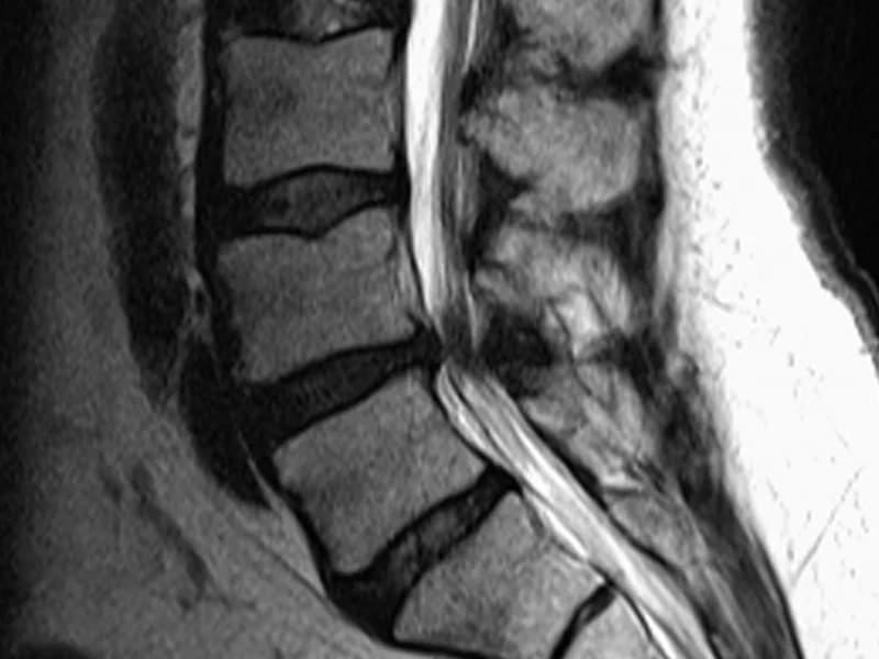 A real lumbar spine MRI, sagittal, with each vertebra, disc and the spinal canal outlined in white and each disc's published degeneration grade beside it.