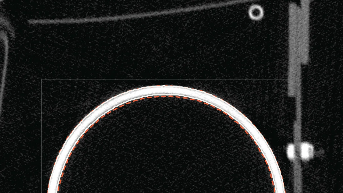 Slice 300 of a real industrial CT scan: a box drawn by a person, then SAM 2.1's view of the slice, its mask logits, its dashed proposal round a bottle wall, and the published label in white.