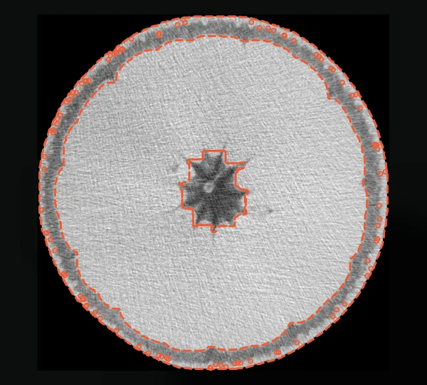 An X-ray CT slice through a navel orange with the authors' scripted rind, pulp and central-column segmentation in dashed outlines and small circles on each oil gland it found.