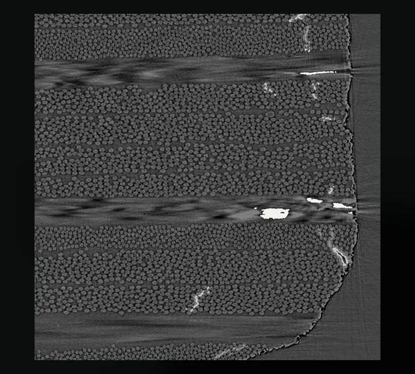 A synchrotron CT slice of a carbon-fibre laminate with its hand-labelled damage in three classes shown in white at three strengths.