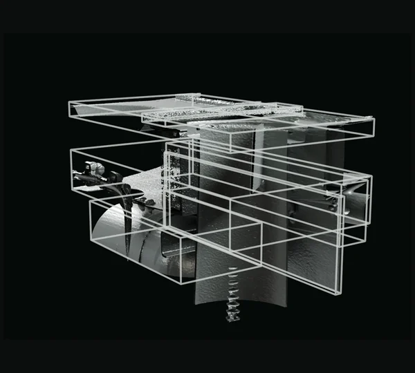 A render of the same airframe section with 3D boxes around its six largest parts, derived from the published labels.