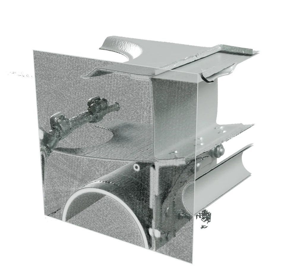 A real industrial CT volume of an airframe section, cut open at axial slice 300 of 512, with the scanner's own slice on the cut face.
