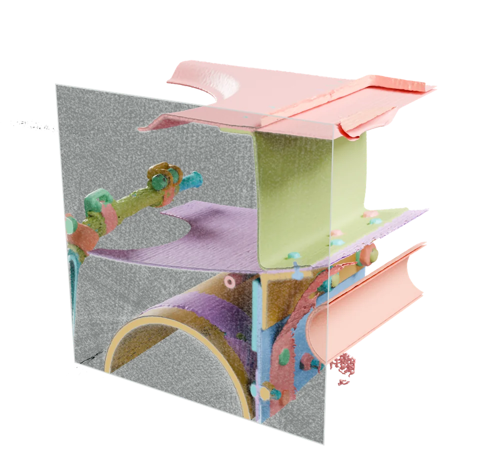 The same cut with the dataset's published instance masks colouring each part and the slice.