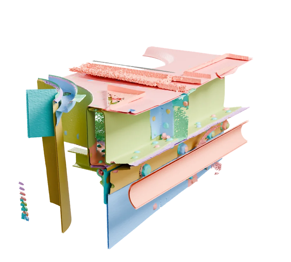 The whole volume coloured by its published instance masks, one colour per labelled part.
